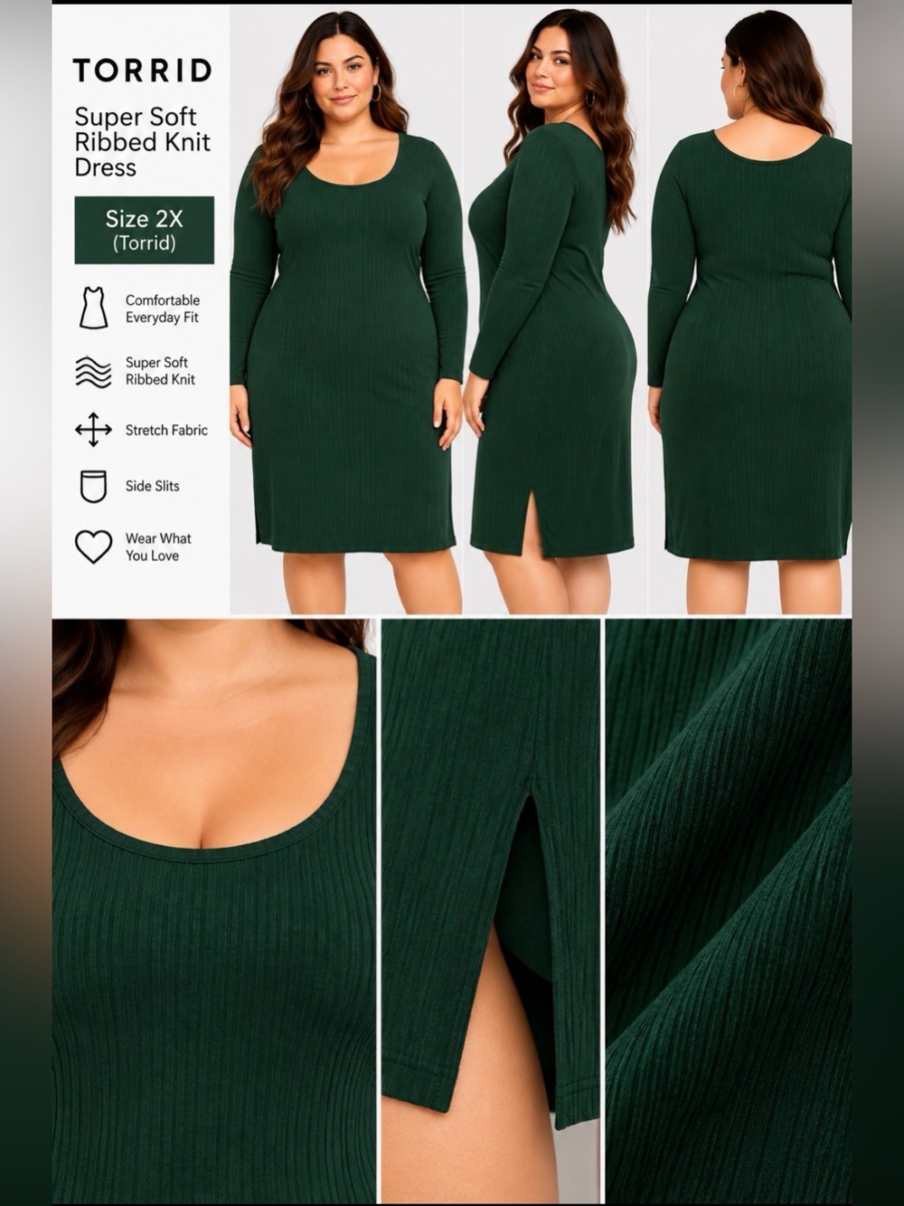 torrid Forest Green Ribbed Long Sleeve Scoop Dress